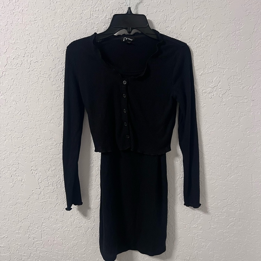 Girl's Art Class Black Two Piece Ribbed Dress and Ribbed Button-Up Sweater